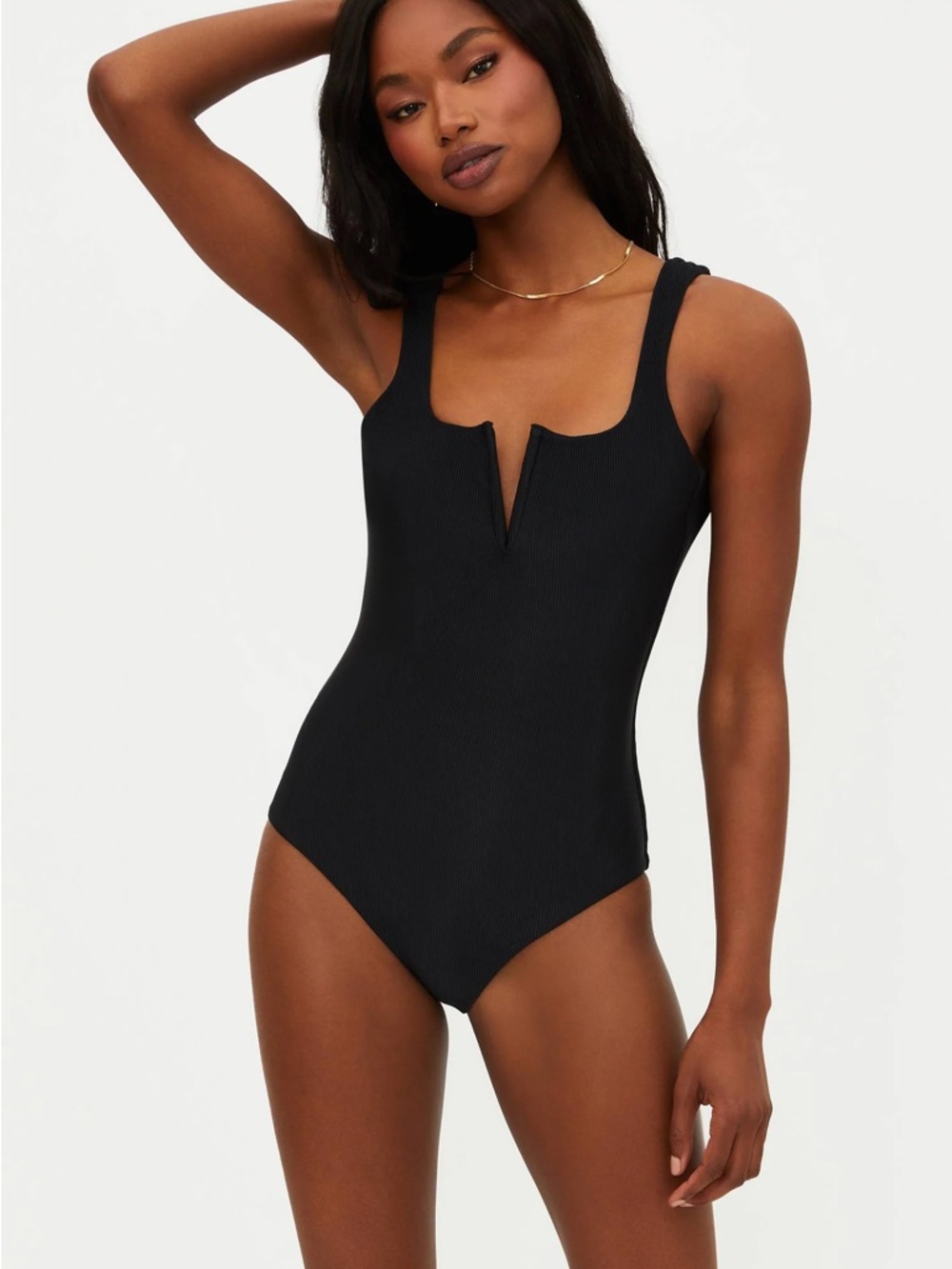 Beach Riot Black V-Notch Ribbed One-Piece Swimsuit